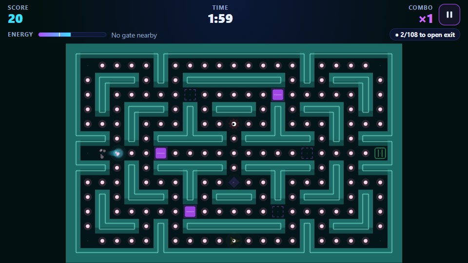 Maze Shift: a reef maze with pink pearls, purple gates and the hunters closing in
