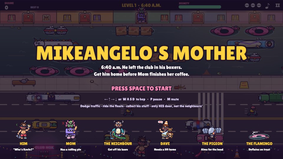 Mikeangelo's Mother: a man in boxers dashing across a busy street toward his front door